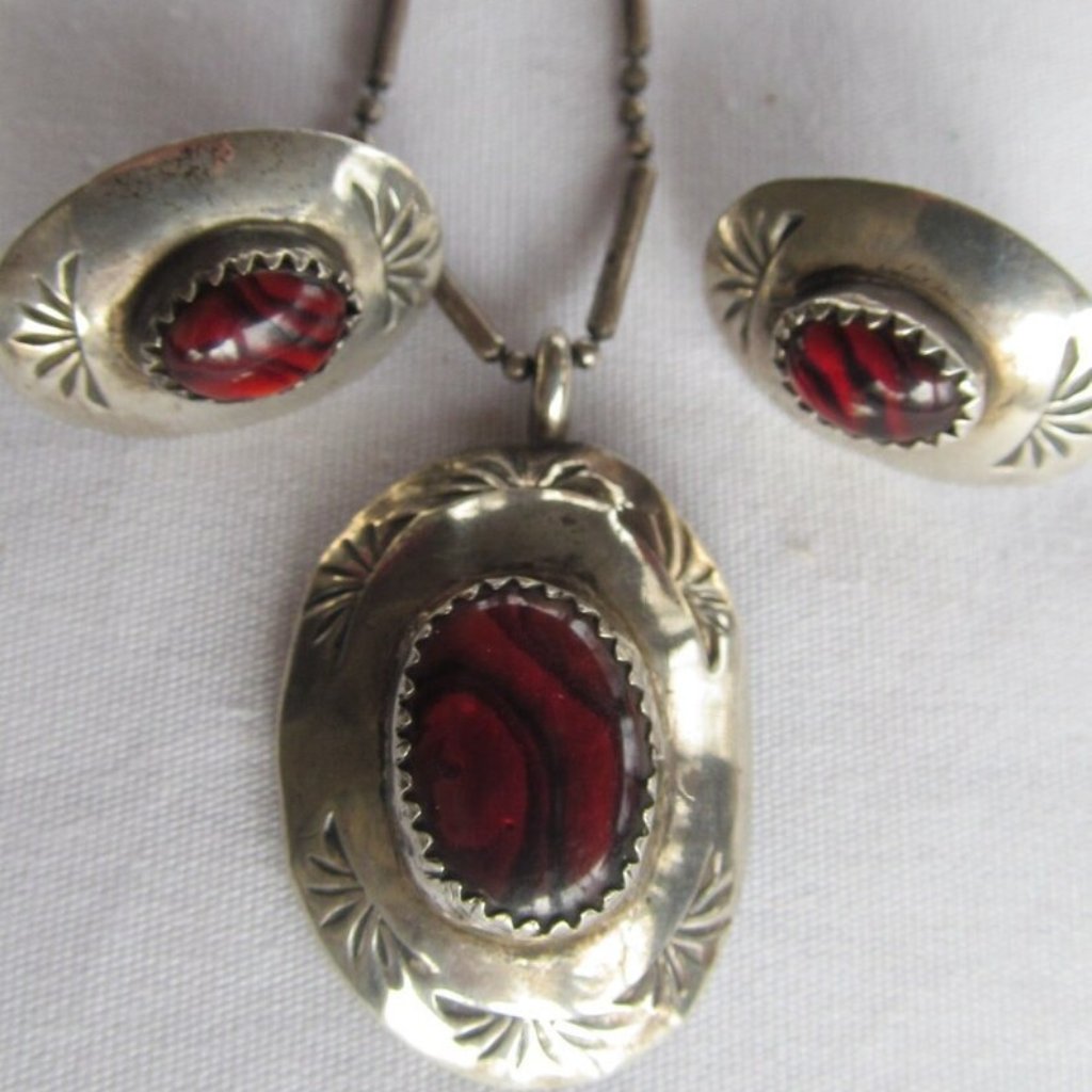 Navajo Jewelry Red Paua Shell Abalone Sterling Silver Set Necklace Earrings 175$